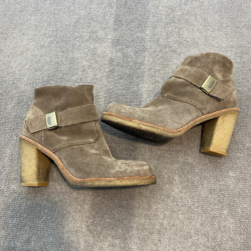 UGG Boots Womens‎ Size 8.5 Brown Suede Sheepskin Lined Ankle Block Heel 3212